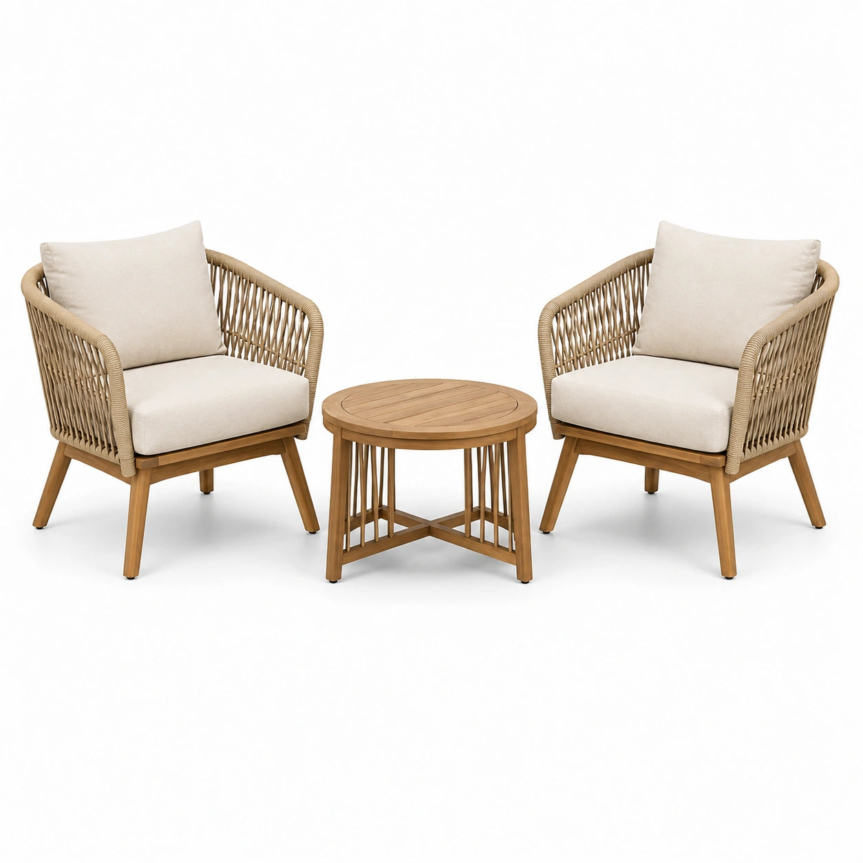 Salon de jardin 3 pièces beige et marron clair en bois et corde tressée – 2 fauteuils 72 × 76 × 80 cm et table Ø 60 × 45 cm