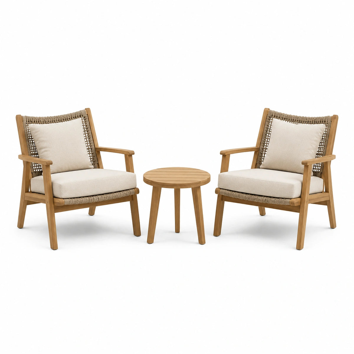 Ensemble de jardin 3 pièces en bois naturel, corde beige et coussins écrus – 2 fauteuils 72 × 79 × 89 cm et table ronde Ø 55 × 48 cm