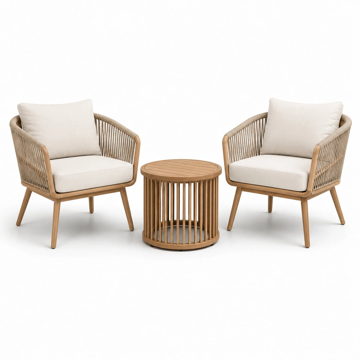 Ensemble 3 pièces en bois naturel et corde tressée beige – 2 fauteuils 72 × 76 × 80 cm et table ronde Ø 55 × 48 cm