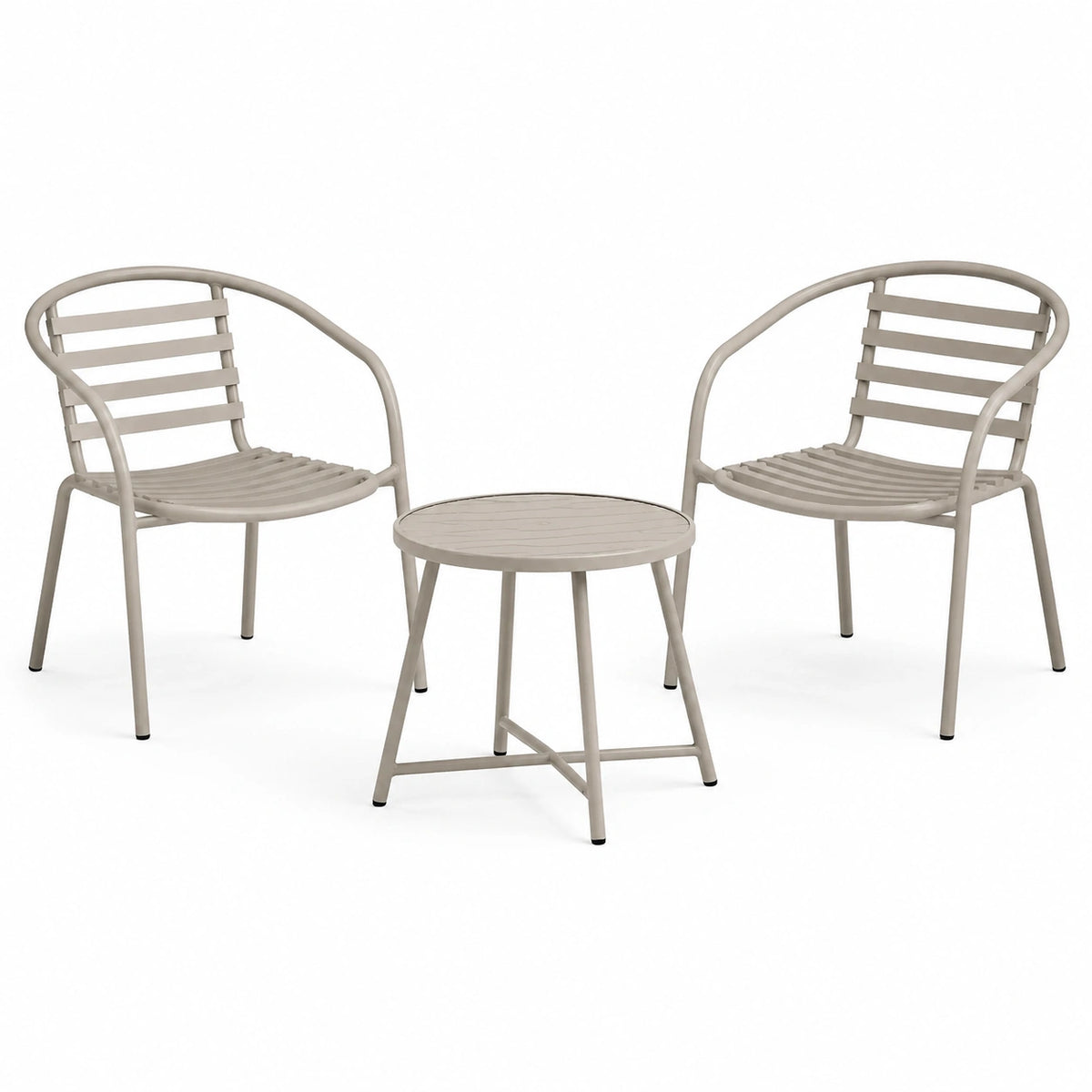 Ensemble en métal taupe 3 pièces avec 2 fauteuils de 58 × 57 × 79 cm et table ronde de Ø 60 × 52 cm