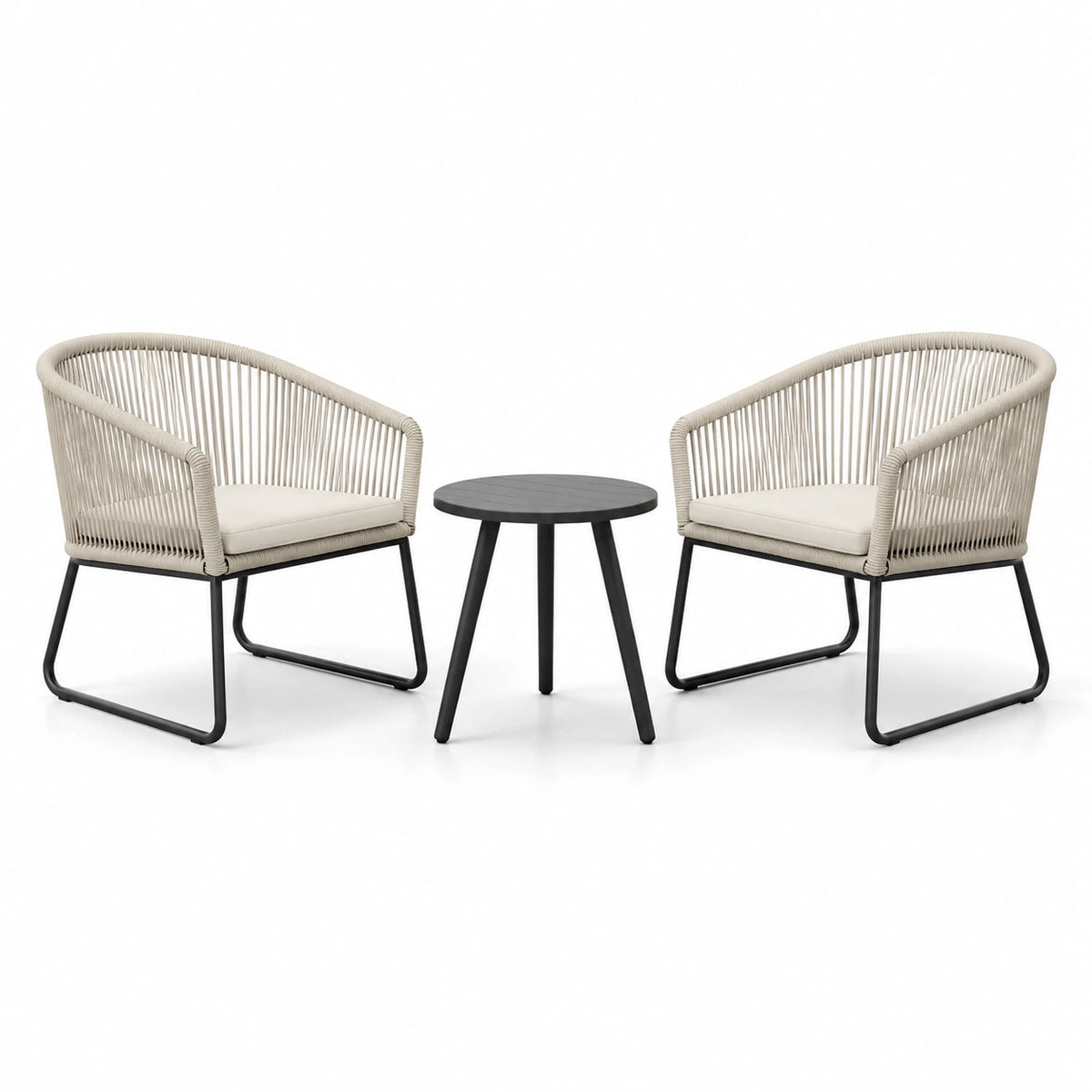 Ensemble 3 pièces beige et noir avec 2 fauteuils de 68 × 65 × 78 cm et table ronde Ø 50 × 48 cm