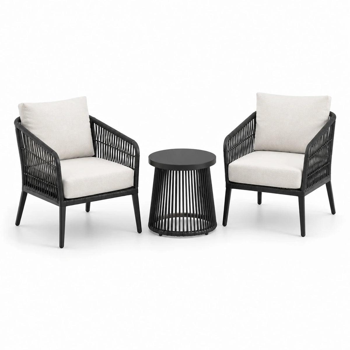 Ensemble 3 pièces noir et beige en résine tressée et métal – 2 fauteuils 72 × 70 × 82 cm et table ronde Ø 50 × 48 cm