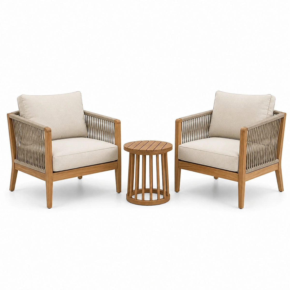 Ensemble de jardin 3 pièces en bois naturel, corde beige et coussins écrus – 2 fauteuils 76 × 78 × 82 cm et table ronde Ø 45 × 48 cm