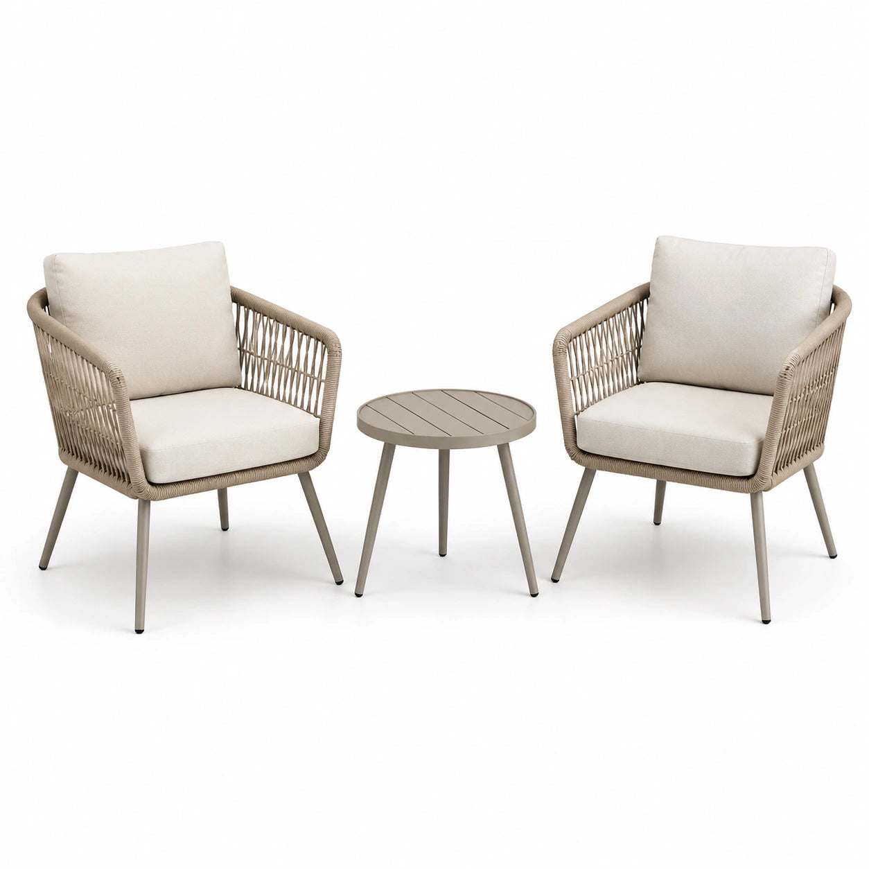 Salon de jardin 3 pièces beige, taupe et écru avec 2 fauteuils 68 × 70 × 82 cm et table ronde Ø 50 × 45 cm